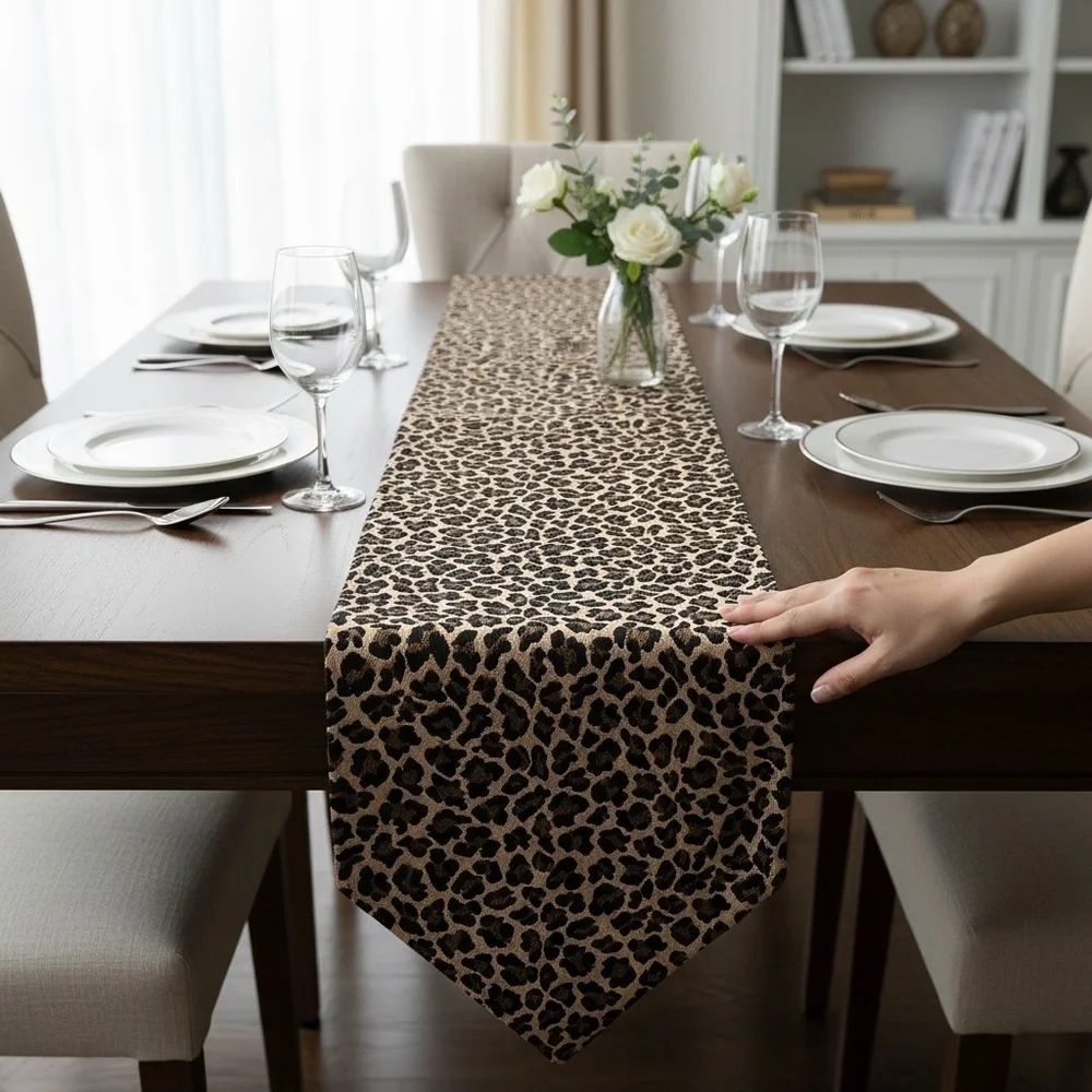 Leopard Tapestry Table Runner Long Animal Print Brown Black Tan Mid-Century Chic